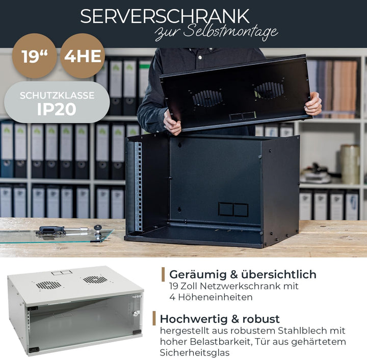 HMF 65704-07 Netzwerkschrank, Serverschrank 19 Zoll | 4 HE | 400 mm Tiefe | Glastür | Lichtgrau 4 HE
