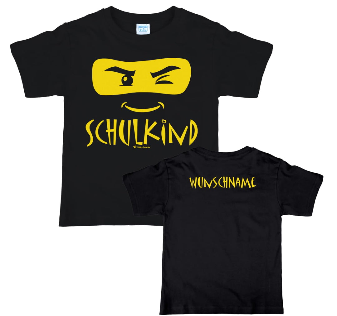 Kinder T-Shirt Schulkind Ninja Einschulungs-T-Shirt mit Wunschname auf dem Rücken, schwarz 134-140,