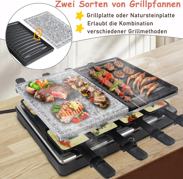 YRHome Raclette Grill für 8 Personen Multi-Grill mit Steinplatte und Grillplatte 1400W Tischgrill- 8