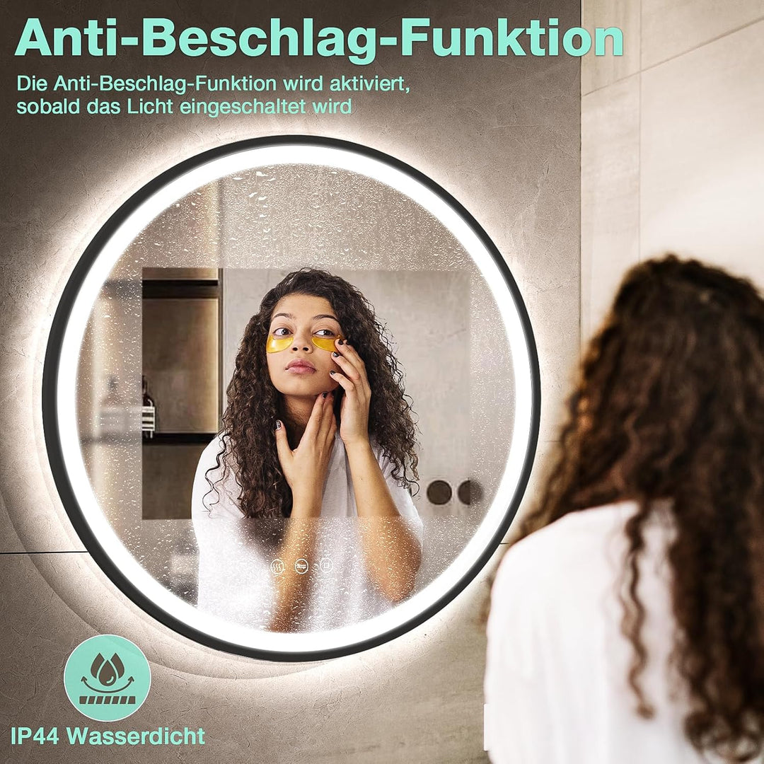 LED Runder Badezimmerspiegel mit Beleuchtung, Antibeschlag, dimmbar, energiesparend, 3 Lichtfarben,