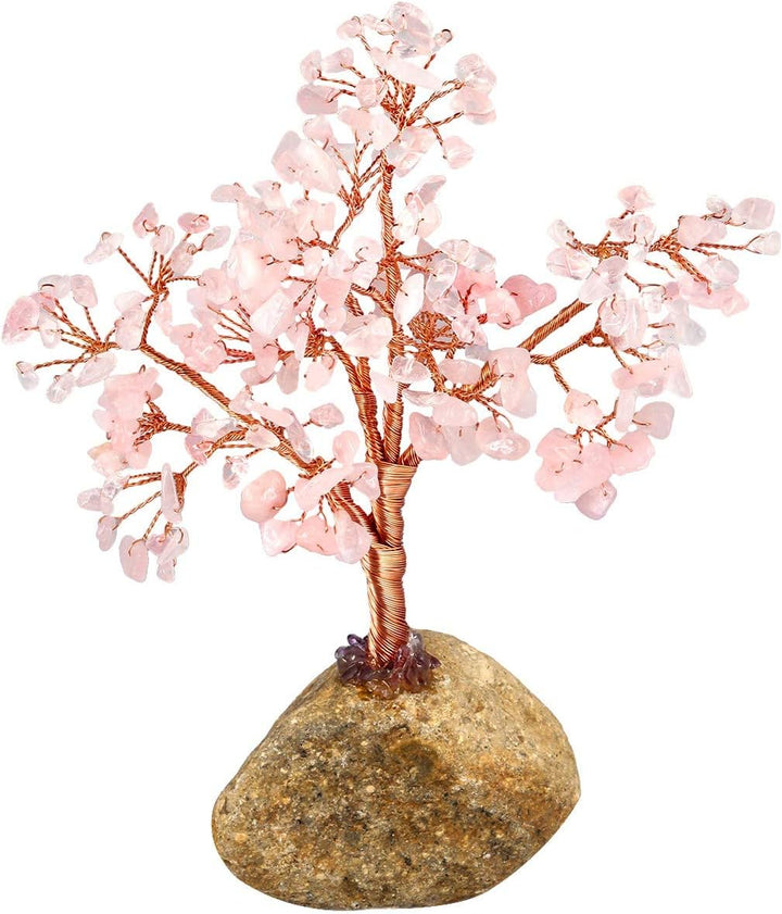 KYEYGWO Geld-Baum eingewickelt auf Steinbasis-Bonsaiskulptur-Figur für gutes Glück Rosenquarz 15CM-2