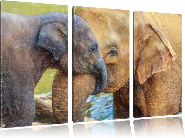 Pixxprint liebevolle Elefantenmutter mit Kalb Kunst Buntstift Effekt 3-Teiler Leinwandbild 120x80 Bi