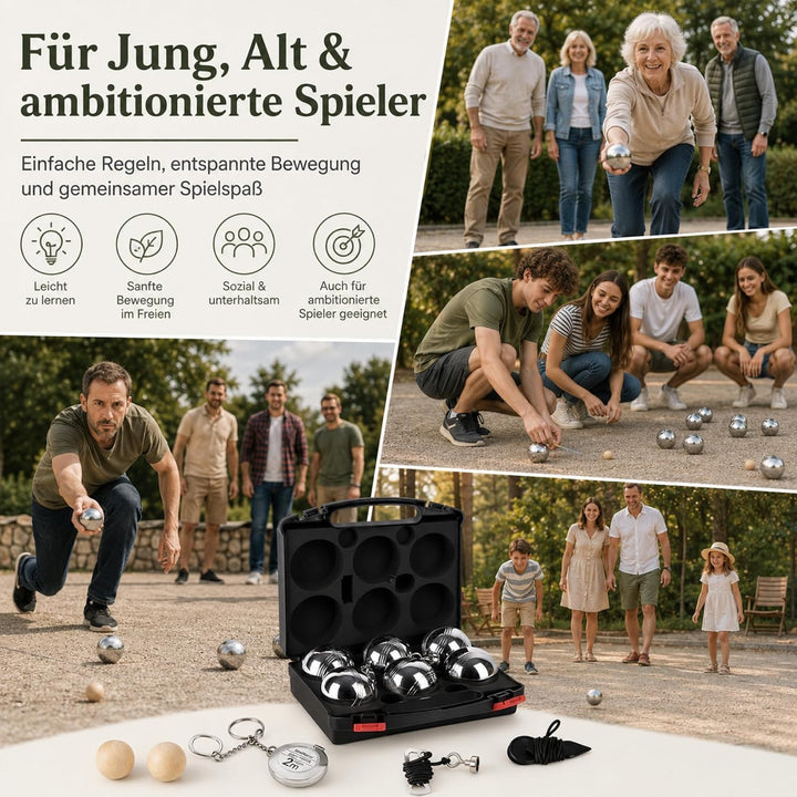6er Boule Set Ø73mm 720g, mit Zielkugeln, Massband &amp; Magnetsammler | Boccia Kugeln mit Transportbox,