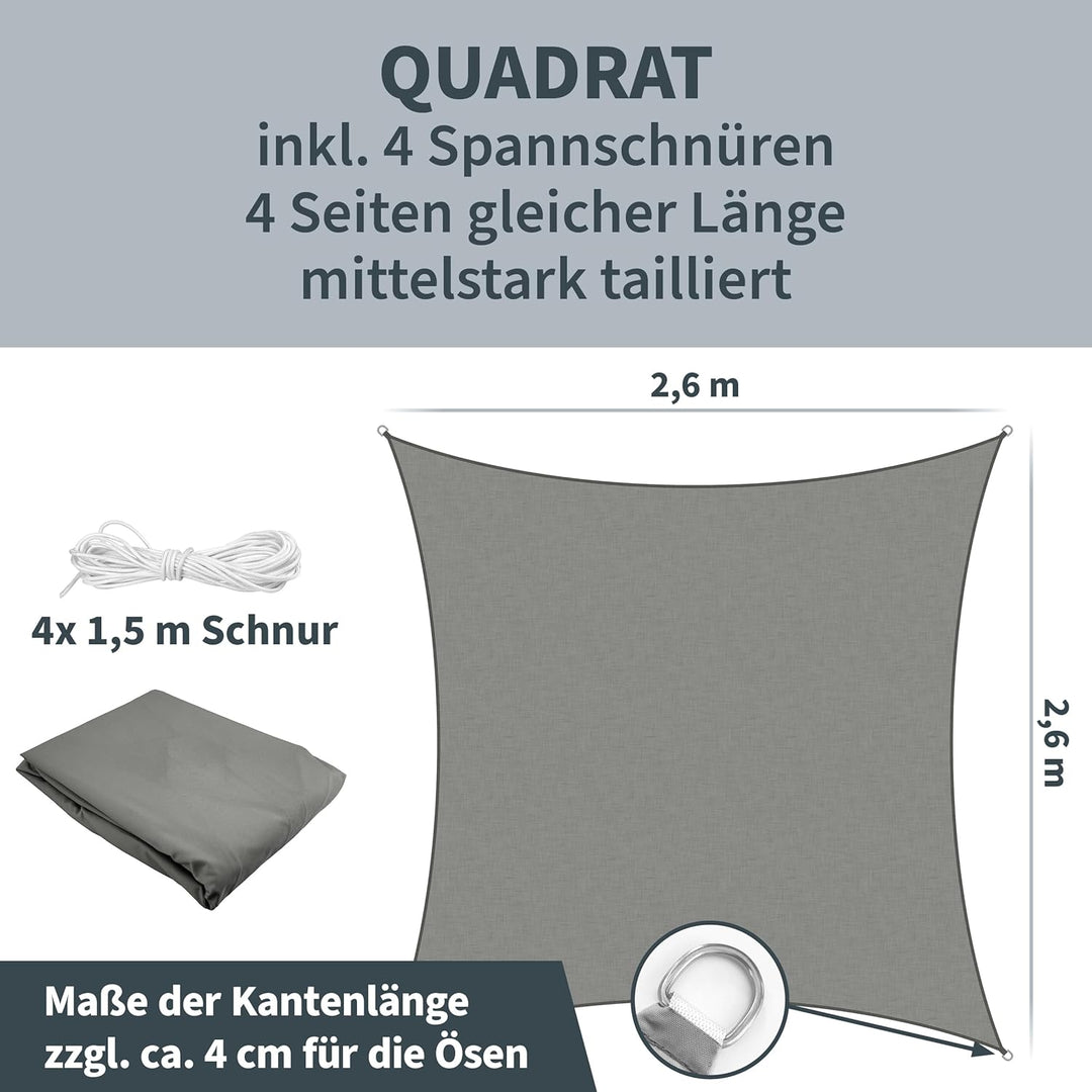 TTL Garden 2,6x2,6m Sonnensegel Quadrat anthrazit - Premium Polyester 300D 160g/m² 93% Abschattung -
