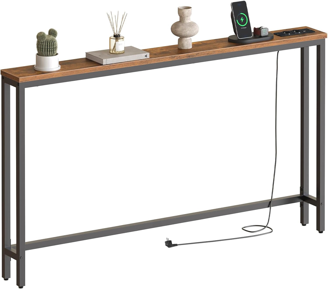HOOBRO Schmaler Konsolentisch, 140 cm Langer Beistelltisch, Sofatisch mit Ladestation, Eingangstisch