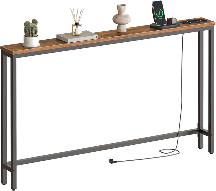 HOOBRO Schmaler Konsolentisch, 140 cm Langer Beistelltisch, Sofatisch mit Ladestation, Eingangstisch