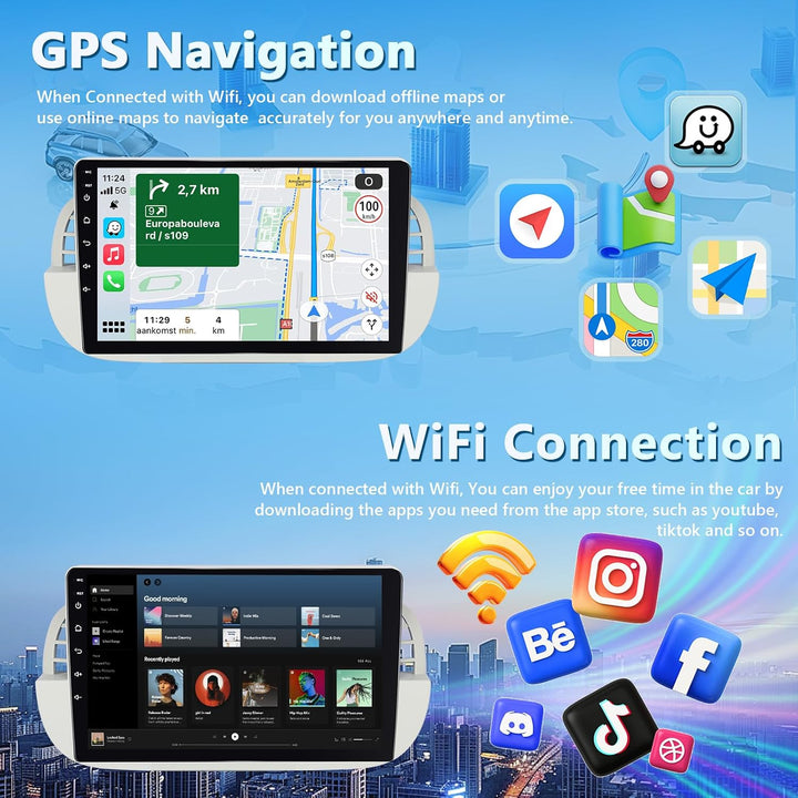 4GB+64GB Autoradio für FIAT 500 2007-2015 Radio mit Carplay, 9 Zoll Bildschirm Wireless Android Auto