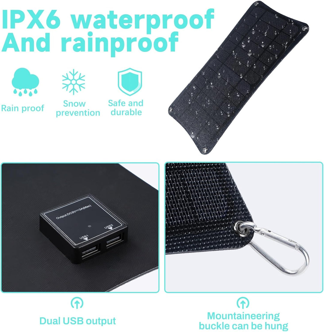 DEWIN 10W Solarpanel IPX6 Wasserdicht Tragbar Solar Ladegerät 2 USB-Ausgänge für Camping