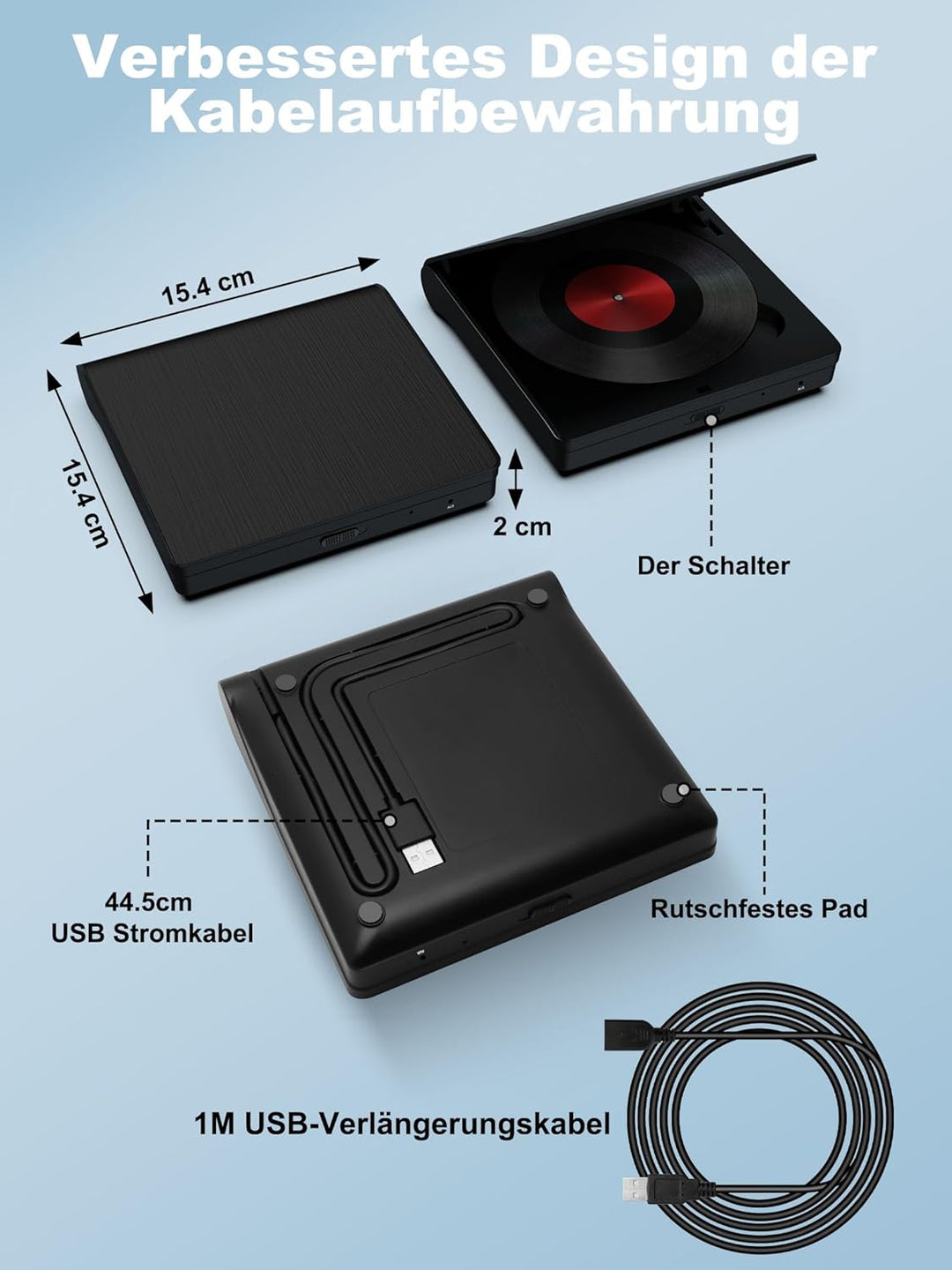 CD Player für Auto mit USB Anschluss - Lehwey CD Laufwerk für Auto mit 1M Verlängerungskabel, Extern