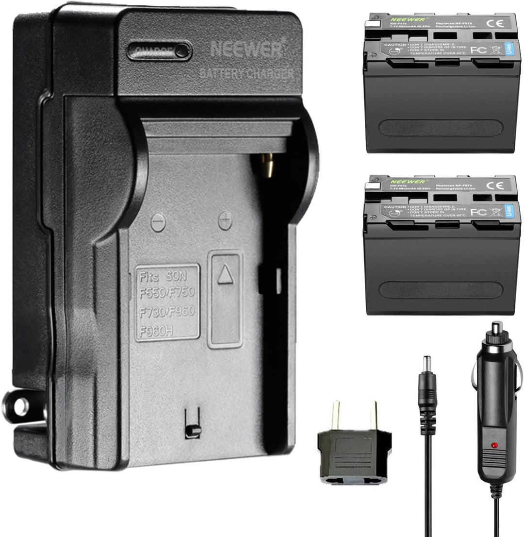 Neewer 2er 6600mAh Ersatzakku für Sony NP F970 Li Ionen Akku und Ladegerät AC, Auto und EU Adapter f