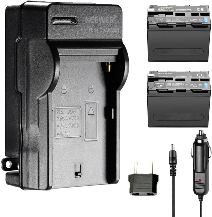 Neewer 2er 6600mAh Ersatzakku für Sony NP F970 Li Ionen Akku und Ladegerät AC, Auto und EU Adapter f