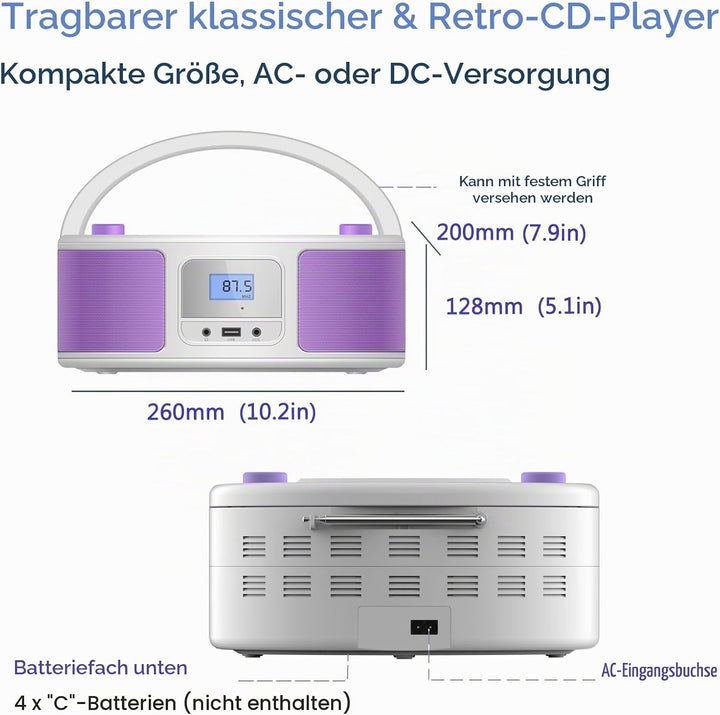 Tragbarer CD-Player Boombox mit Bluetooth | Fernsteuerung | FM-Radio | USB | MP3-Wiedergabe | Kompat