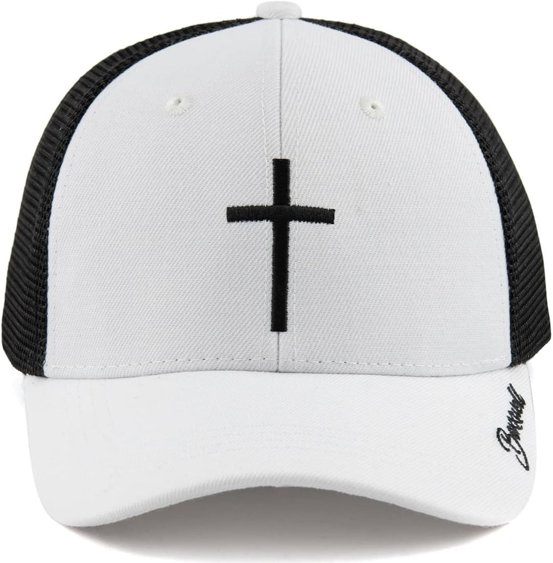 Bexxwell Trucker Cap weiss schwarz mit Kreuz-Stickerei (optimale Passform, Kappe, White, Black, Truc