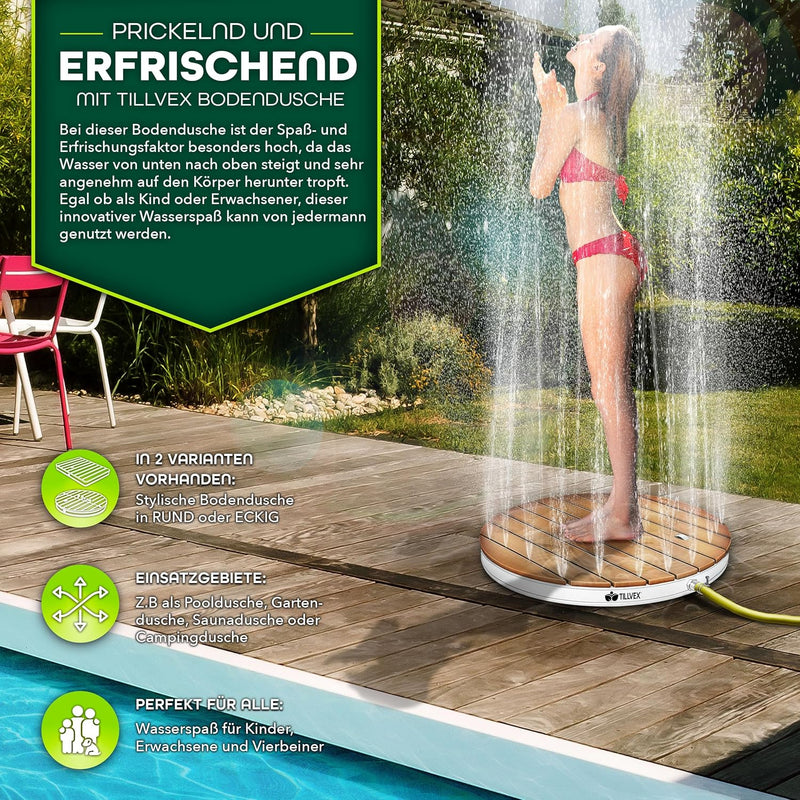 tillvex® Gartendusche Outdoor bis 4 m Fontänenhöhe | Bodendusche rund mit Fussrad | Aussendusche rut