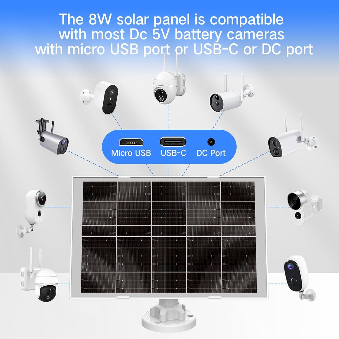 8W Solarpanel für Überwachungskamera Aussen Akku – IP65 Solar Panel mit 3‑in‑1 USB‑C/Micro/DC, inkl.