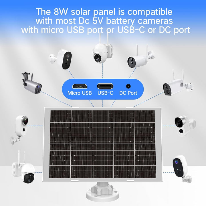 8W Solarpanel für Überwachungskamera Aussen Akku – IP65 Solar Panel mit 3‑in‑1 USB‑C/Micro/DC, inkl.