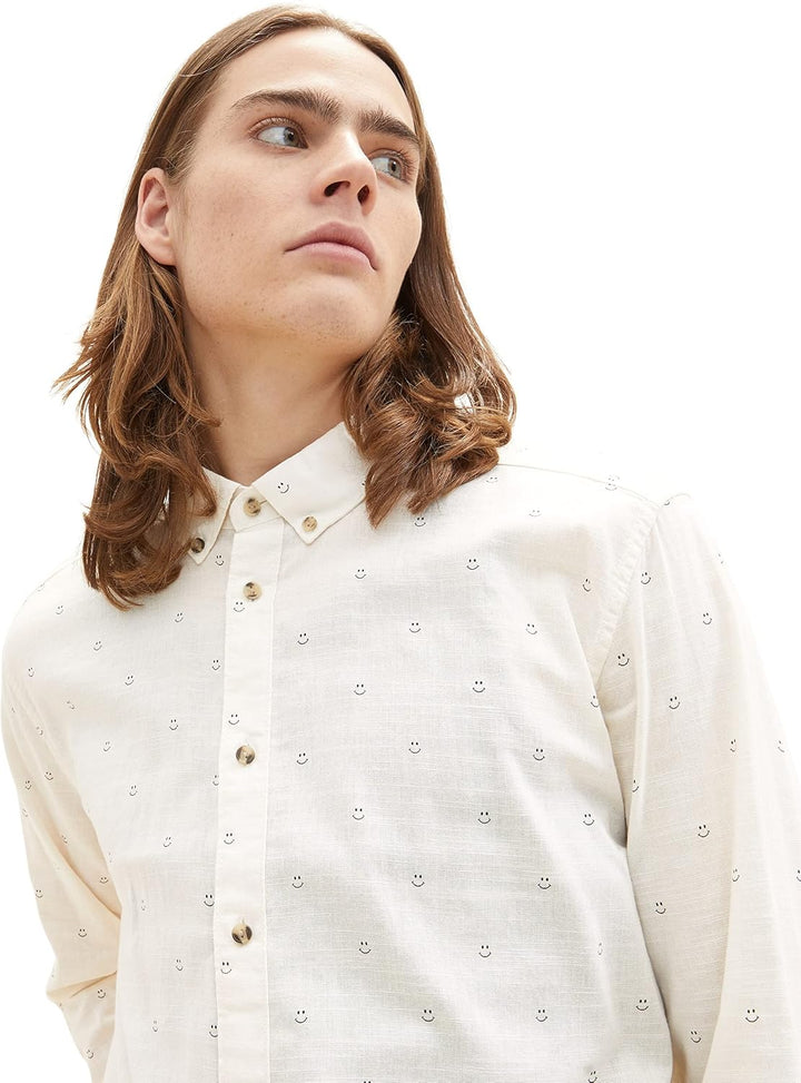 TOM TAILOR Denim Herren Hemd mit Muster M 31384 - White Smiley Print, M 31384 - White Smiley Print