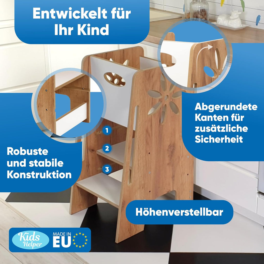 Kitchen Kids Helper Lernturm ab 1 Jahr - Höhenverstellbarer Lernturm Montessori Eiche-Weiss 80cm - S