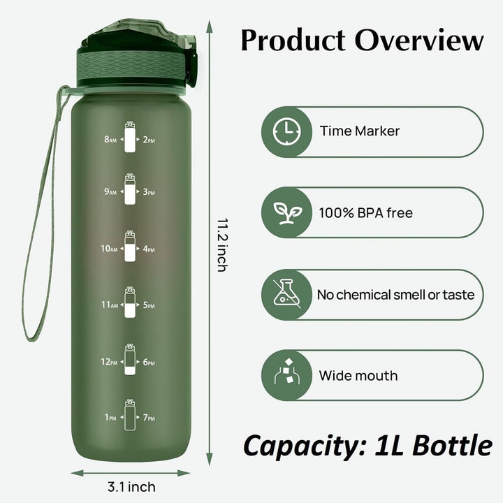 Trinkflasche, 1L Sport-Wasserflasche mit Strohhalm, Zeitmarkierungen, auslaufsicher, BPA-freiTritan,