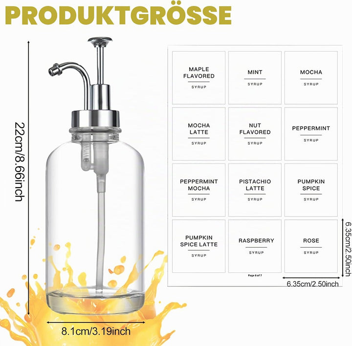 2 Stück Kaffee Sirup Spender Glas Set mit 36 Etiketten, Kaffee-Pumpenspender, Minimalistische Glas