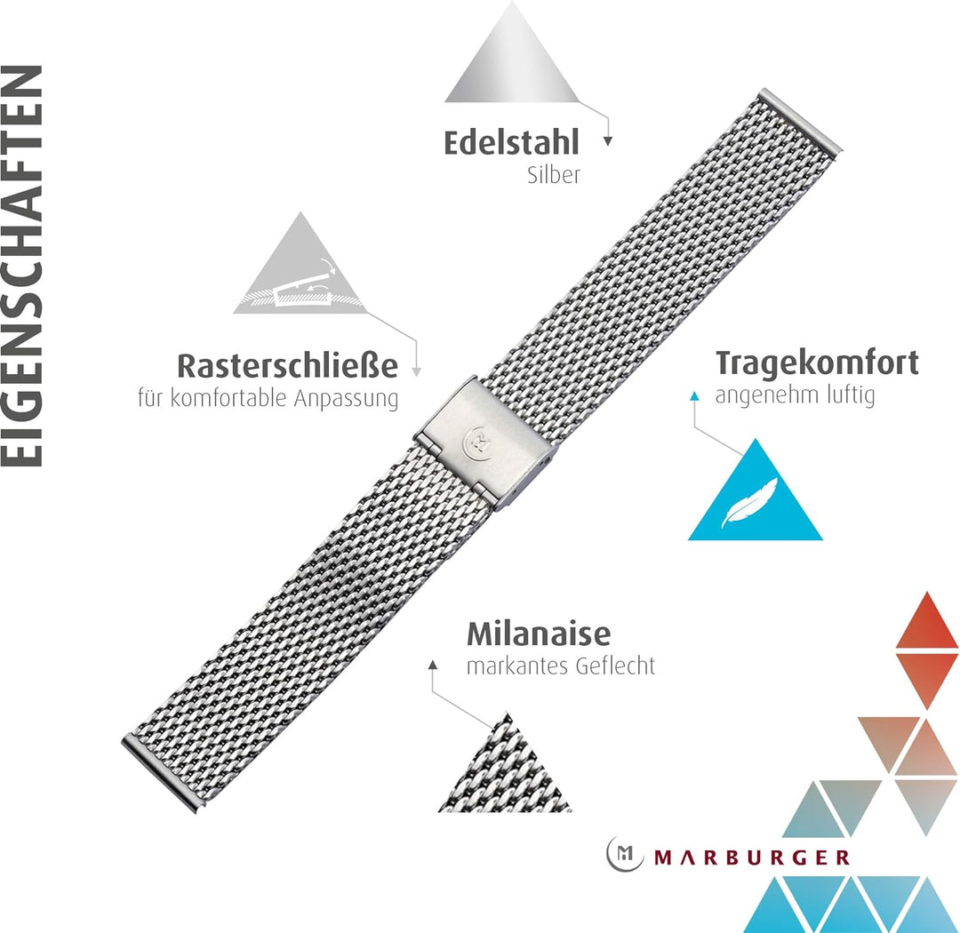 MARBURGER Uhrenarmband 22mm Edelstahl Silber - Werkzeug Montage Set 84907220020
