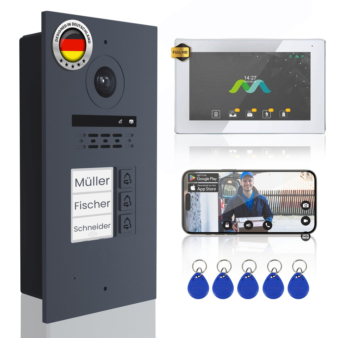 MATHFEL 2-Draht-Bus Video-Türsprechanlage – 3-Familienhaus, 170° Weitwinkelkamera, 3X 7-Zoll Touchsc