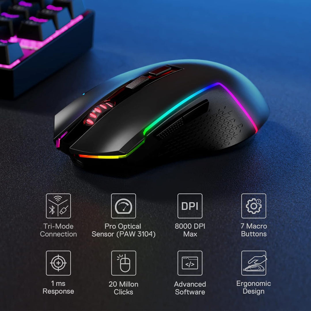 Redragon M693 Wireless Gaming Mouse, 8000 DPI kabelgebundene/drahtlose Maus mit 3-Modi-Verbindung, B