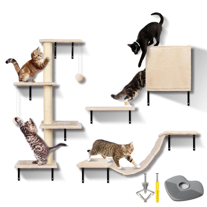 Zvonema Kletterwand Katzen, Katzen Wandelemente, 10-Teilig Kletterwand Set, Stabiler Holz Katzenmöbe