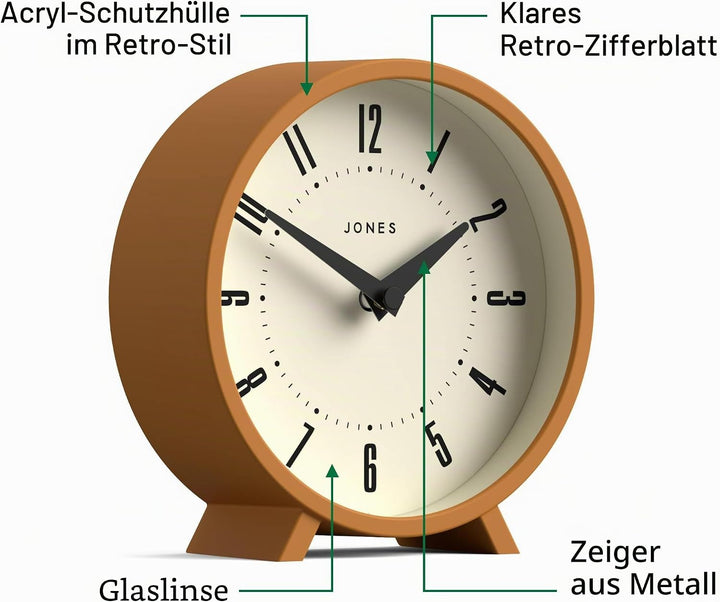 JONES CLOCKS® Venus schreibtischuhr | Modernes rundes Design | Senfgelb | Stilvoller retrolook für R