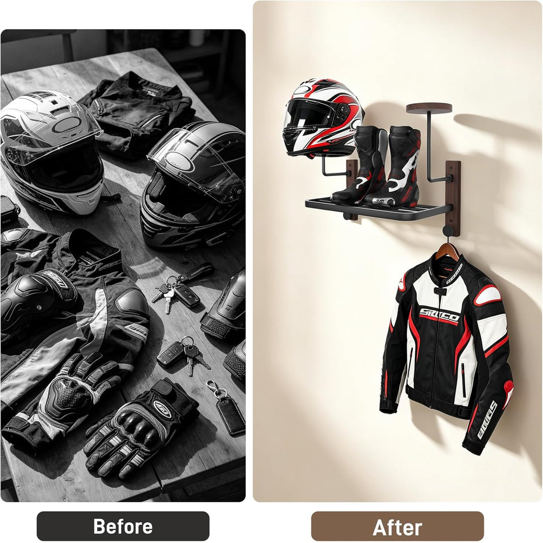 Motorradhelm Halterung, Helmhalter Wandmontage mit Ablage und 2 Helmständer für Motorrad Fahrrad Ren