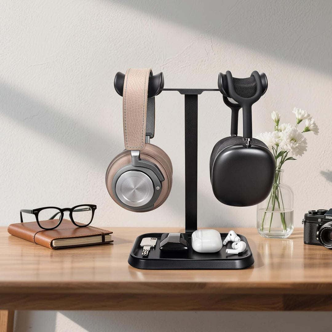 Doppel Kopfhörer Ständer, Stabiler Doppel Headset Halterung mit Ablagefach, Schwere Basis Gaming Kop