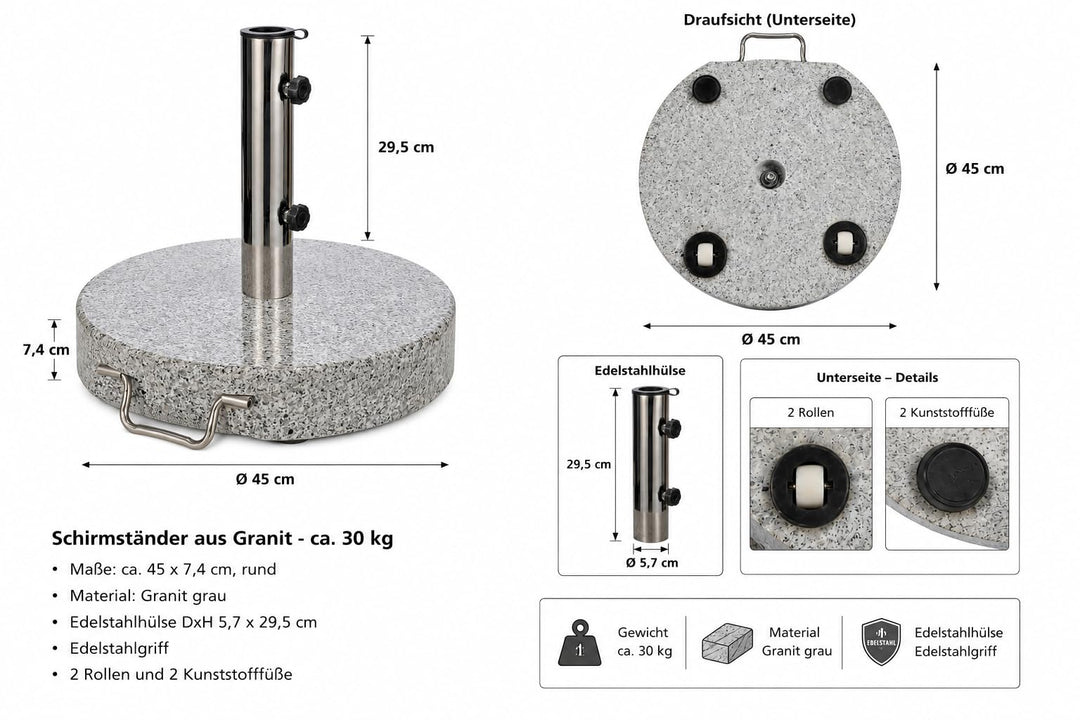DIES&DAS Schirmständer aus Granit, Sonnenschirmständer rund, 45cm, 30kg, Edelstahlgriff, 2 Rollen fü