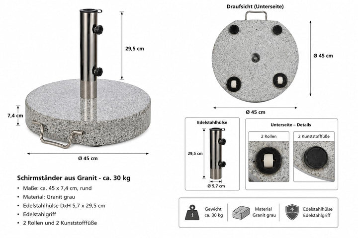 DIES&DAS Schirmständer aus Granit, Sonnenschirmständer rund, 45cm, 30kg, Edelstahlgriff, 2 Rollen fü