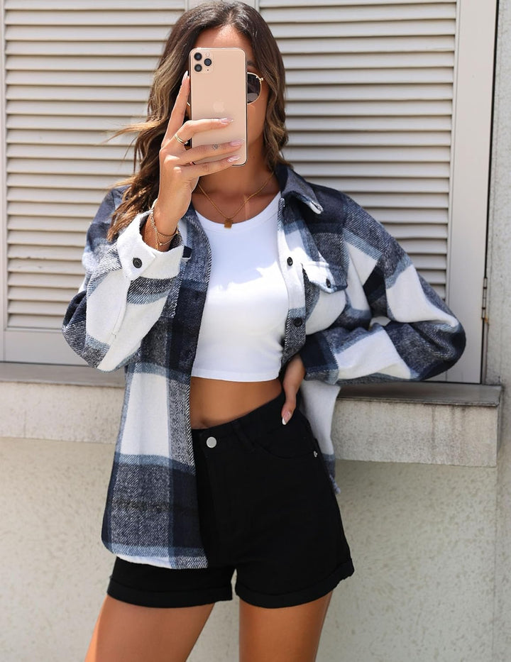 Zeagoo Damen Hemdjacke Karierte Jacke Langarm Shacket Mantel Flanell Jacke Hemdbluse mit Knöpfen Bla