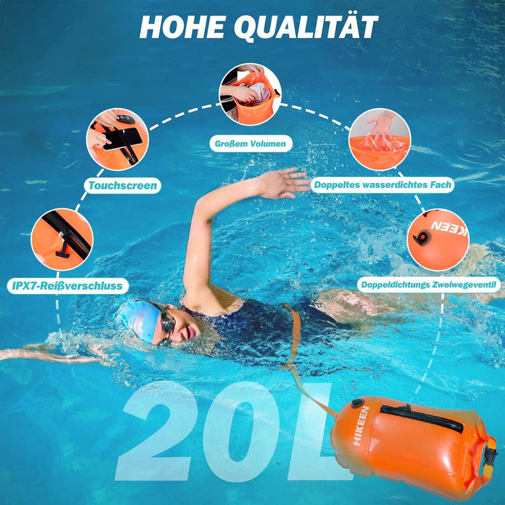 BOOSTEADY Schwimmboje, Trockensack Boje Schwimmen Aufblasbare Trockentasche Swimming Buoy mit Handyt