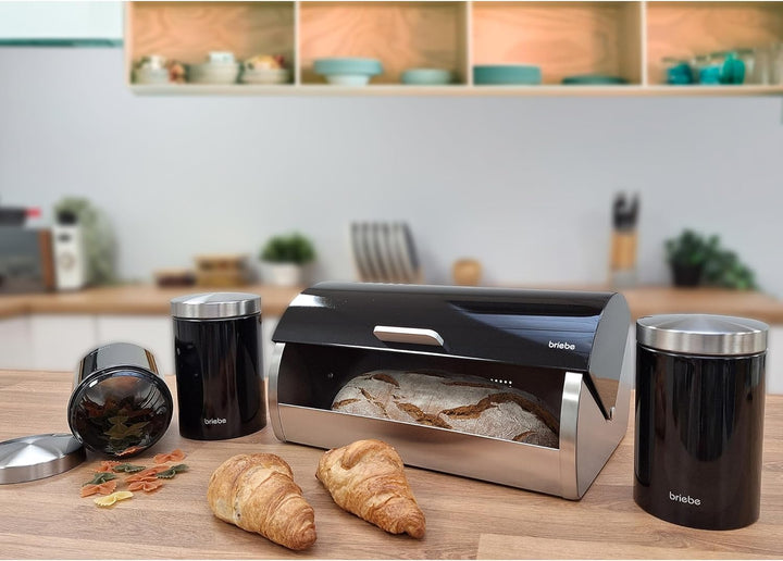 briebe Set aus Brotkasten +3 Küchenvorratsdosen Edelstahl, Brot- und Brötchenbehälter, Schiebedeckel