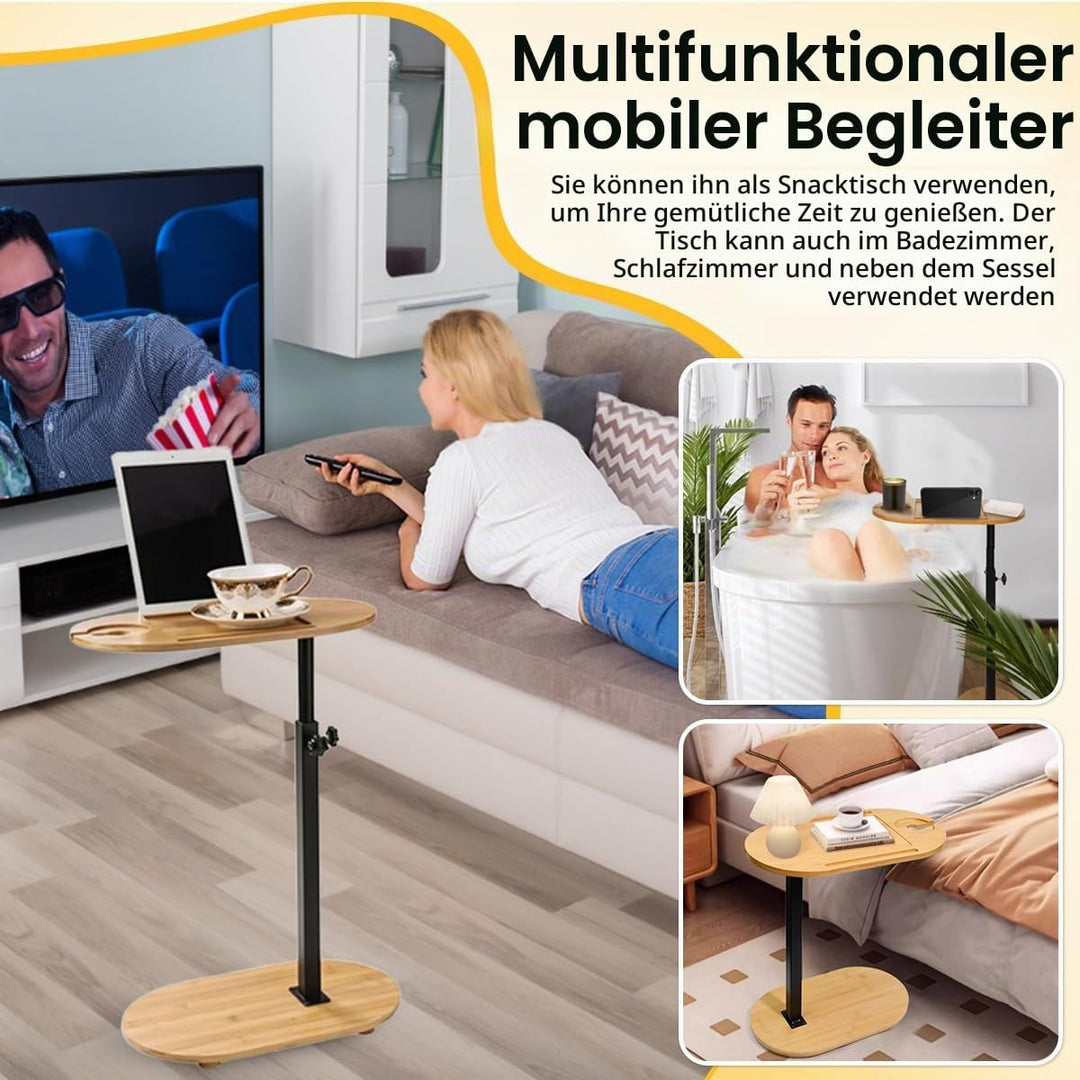 Beistelltisch C Form Höhenverstellbar 40-80cm Kleiner Couchtisch 360°Rotierend Bambus Mobiler Kaffee