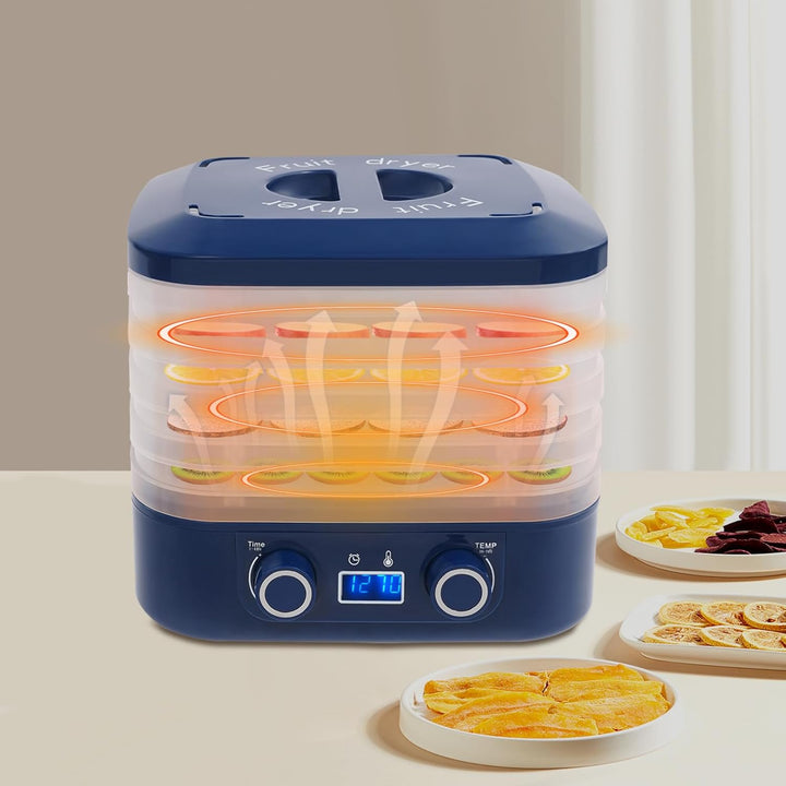 Dörrautomat mit 5 Tabletts, Dörrgerät 35-70°C &amp; 48h Timer, LED-Display, 360° Heissluft – Obsttrockne