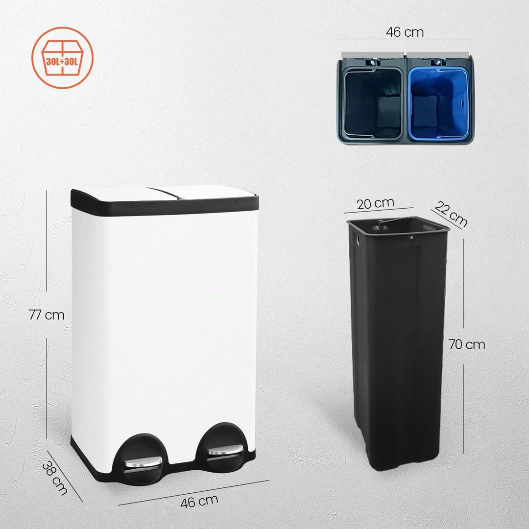 Mülleimer,60L Mülleimer 2 Fächer,2×30Liter Mülltrennsystem mit Inneneime,Tretmülleimer Küche 2 fäche