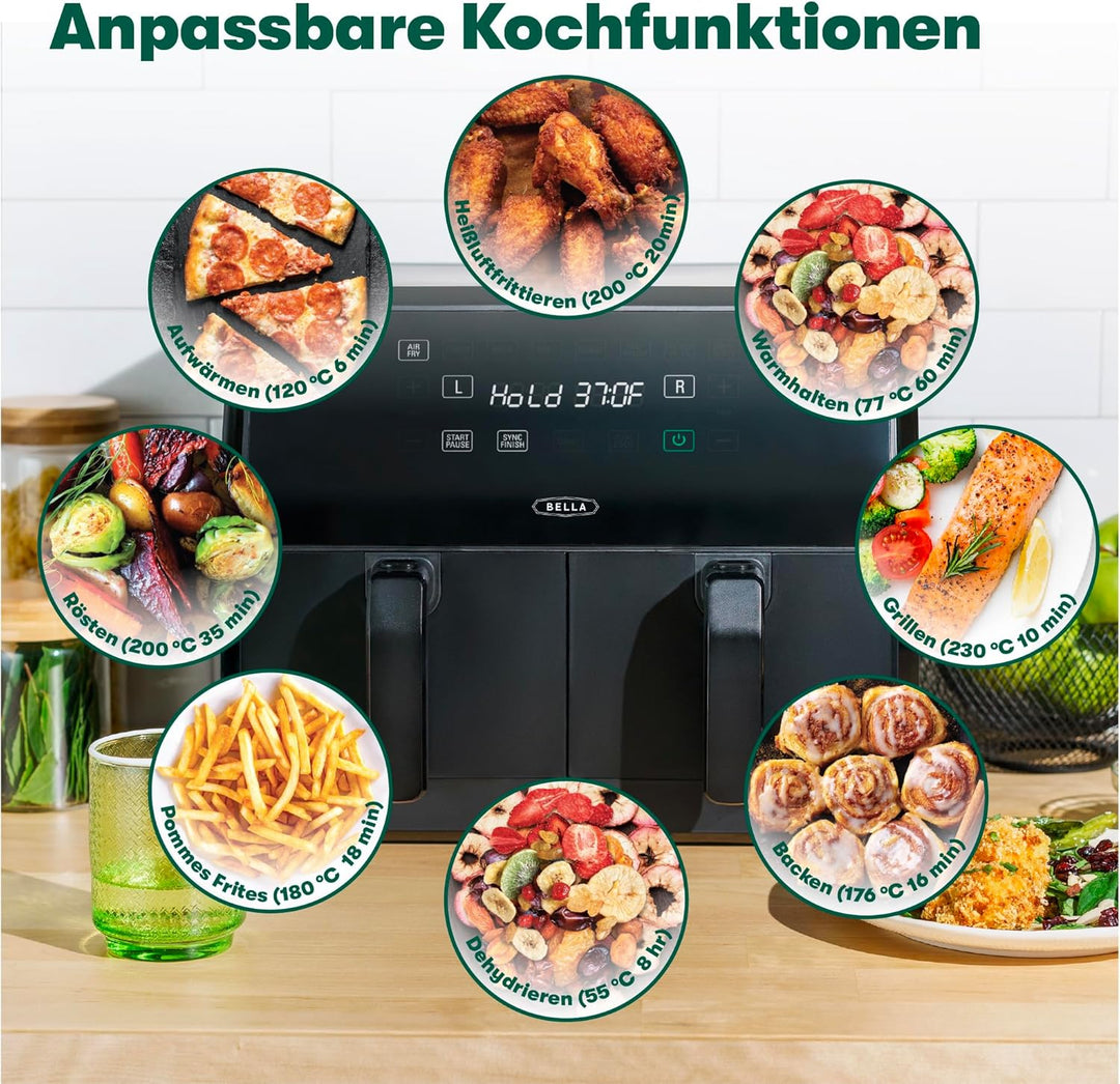 bella 8L Dual Basket Heissluftfritteuse mit Touchscreen, 8 Kochfunktionen, einstellbarer Temperatur,