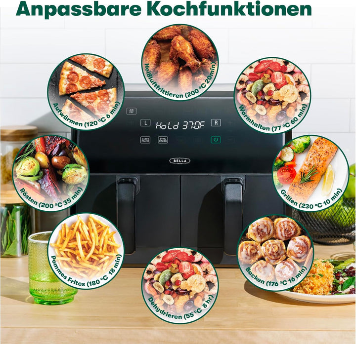 bella 8L Dual Basket Heissluftfritteuse mit Touchscreen, 8 Kochfunktionen, einstellbarer Temperatur,