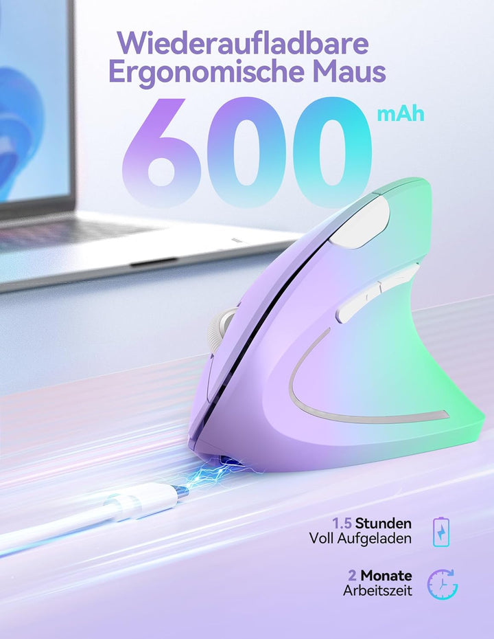 TECKNET Wiederaufladbar Ergonomische Maus Kabellos, 2.4G Optische Vertikale Maus Ergonomisch, 5 Eins