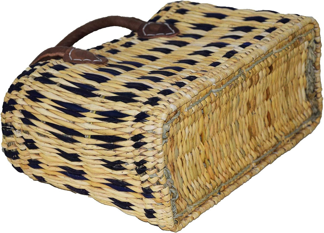 Einkaufskorb aus Seegras I geflochtene Tasche mit Ledergriff I mittlere Grösse mit langem Griff I bl