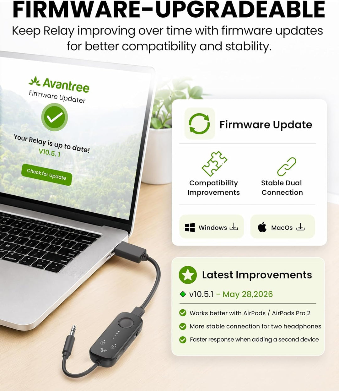 Avantree Relay - Premium Flugzeug Bluetooth 5.3 Adapter für alle Kopfhörer, apt-X geringe Latenz, un