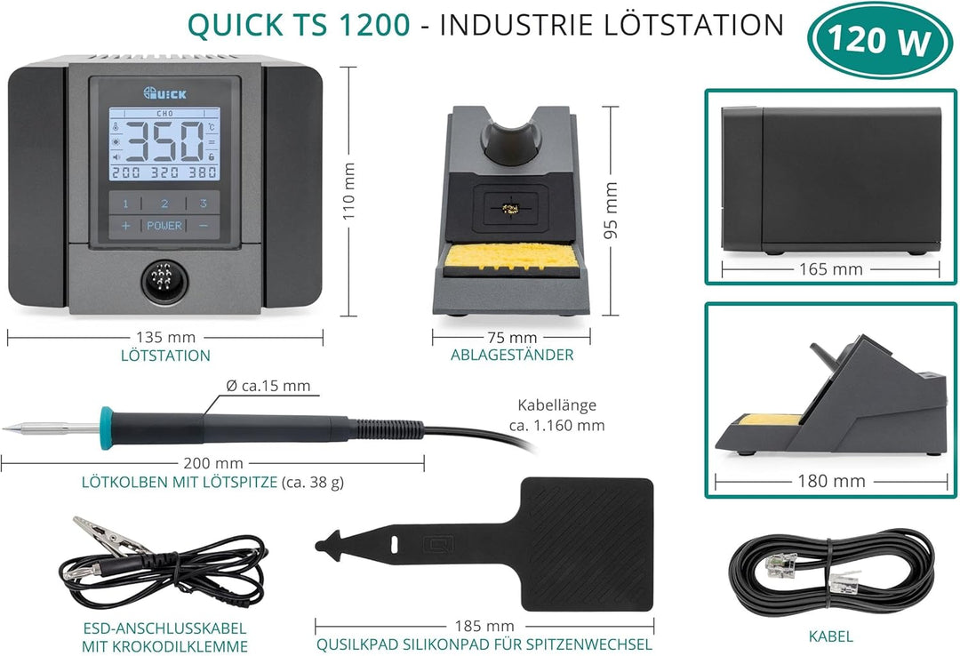 QUICK TS1200 digital regelbare ESD Lötstation 120 Watt inkl. Lötkolben mit 1 mm Rapid-Kartuschen-Löt