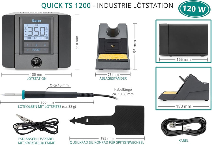 QUICK TS1200 digital regelbare ESD Lötstation 120 Watt inkl. Lötkolben mit 1 mm Rapid-Kartuschen-Löt