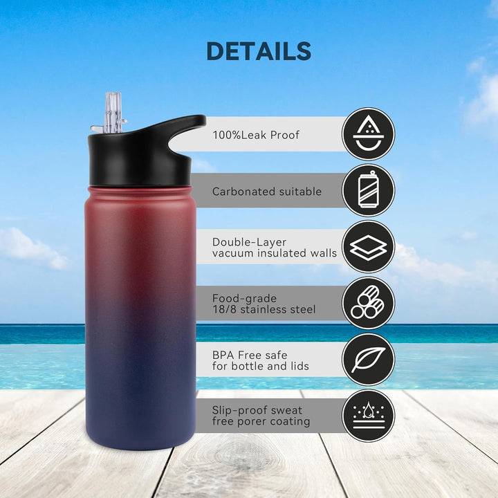 Edelstahl Trinkflasche - 500ml - mit Strohhalm,Auslaufsicher,Kohlensäure Geeignet,BPA frei Thermosfl