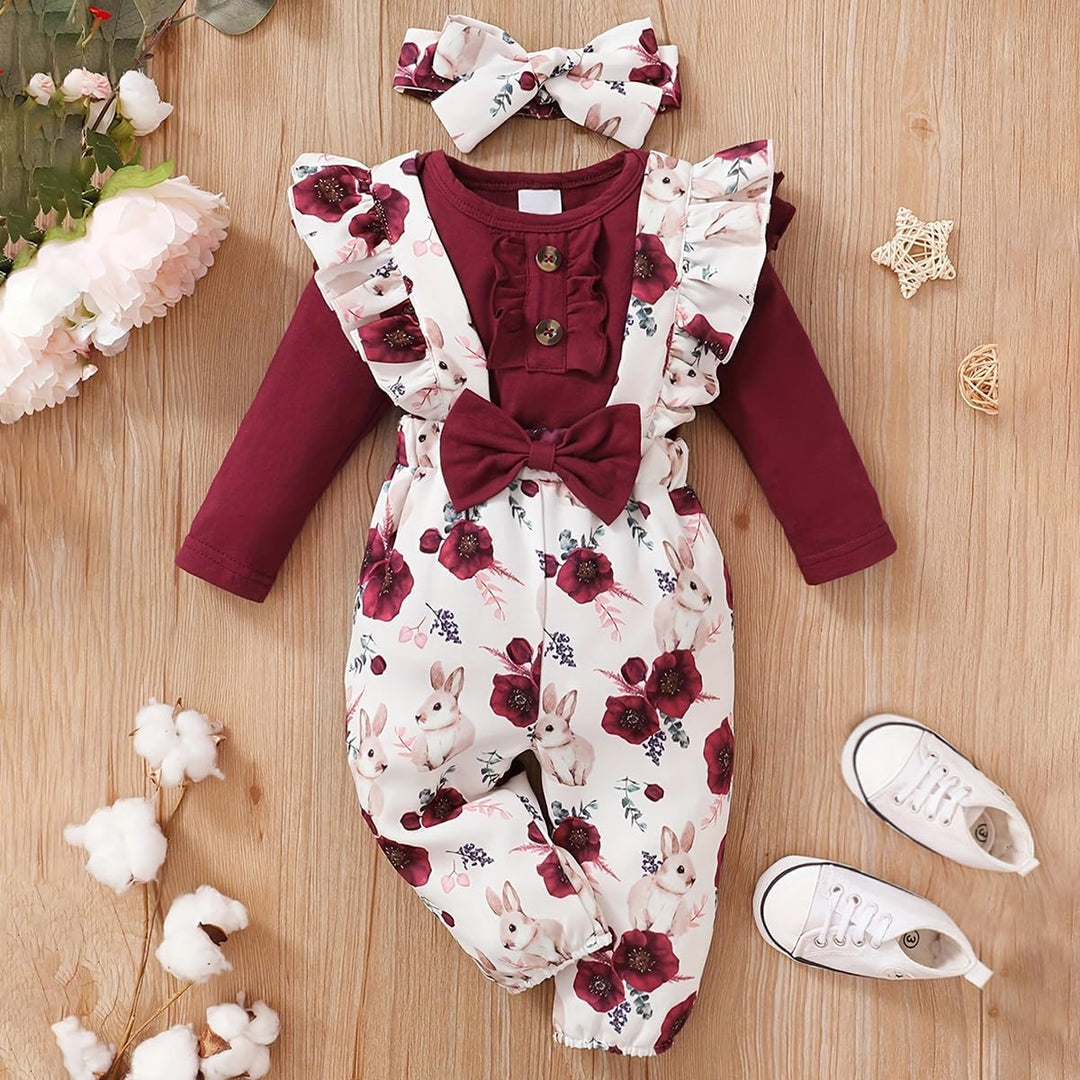 Neugeborenes Baby Mädchen Kleidung Langarm Rüschen Strampler Kaninchen Blumendruck Hose süsse Stirnb