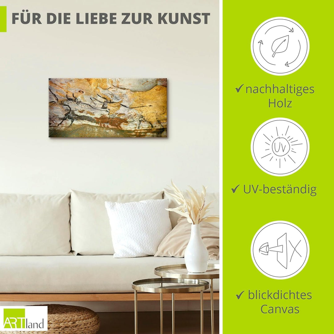 ARTland Leinwandbild Wandbild Bild auf Leinwand 60x30 cm Wanddeko Steinzeit Tiere Stier Ocker Antik
