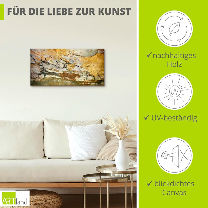 ARTland Leinwandbild Wandbild Bild auf Leinwand 60x30 cm Wanddeko Steinzeit Tiere Stier Ocker Antik